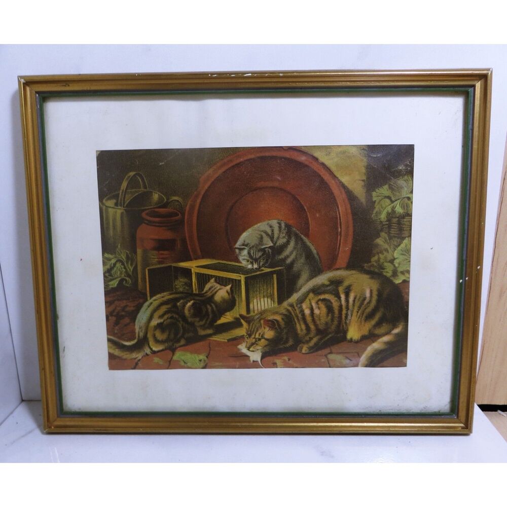 Vintage Etching Print Cats And Mouse Cage From a Horatio Couldery Painting